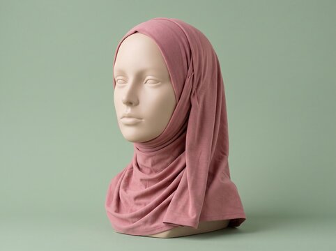 A mannequin head wearing a pink hijab headscarf isolated on a soft green background Mockup