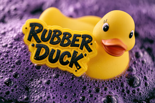 Violet Rubber Duck Bath - A cheerful yellow plastic duck with a texturized title card drifts peacefully in a dense blanket of glossy purple soap bubbles inside a playful macro close-up