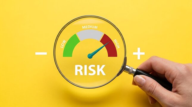 Magnifying glass showing a risk gauge meter on a bright yellow background
