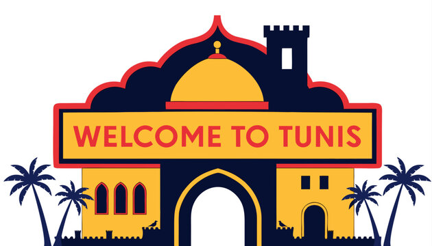 Very beautiful realistic vector of a classic roadside welcome sign featuring a bold label reading "WELCOME TO TUNIS", decorated with the Medina of Tunis, Zitouna Mosque, elegant arches, Mediterranean 