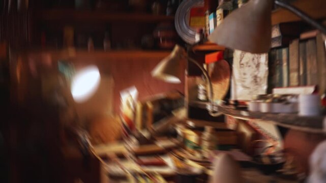 Blurry view of a messy artist's workshop