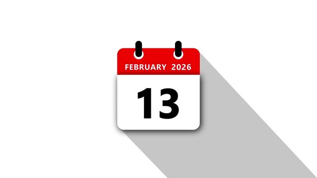 February 13 Daily Calendar. Red Theme on White Background.January 2026 Calendar Icon Animation, New Year Date Flip,Modern Desk Calendar,Clean Minimal Schedule Reminder Event Planning,Time Management