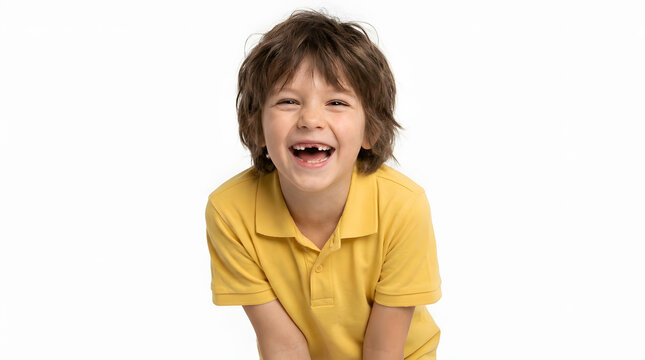 A joyful young boy with a missing front tooth bursts into laughter while wearing a yellow polo shirt against a clean white background