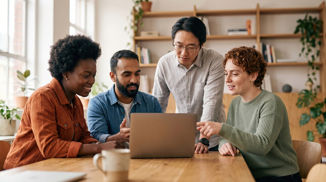 Four colleagues collaborate on a laptop in bright office