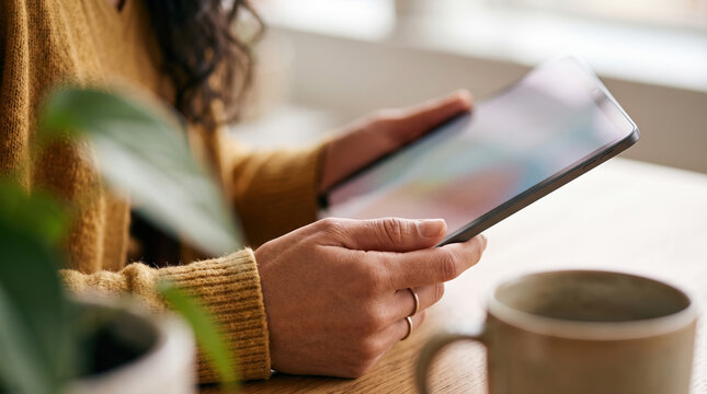 Person using A tablet at wooden table with coffee and plant