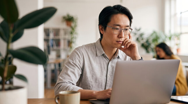 Man of Asian Descent Working on Laptop in Modern Workspace With Plants