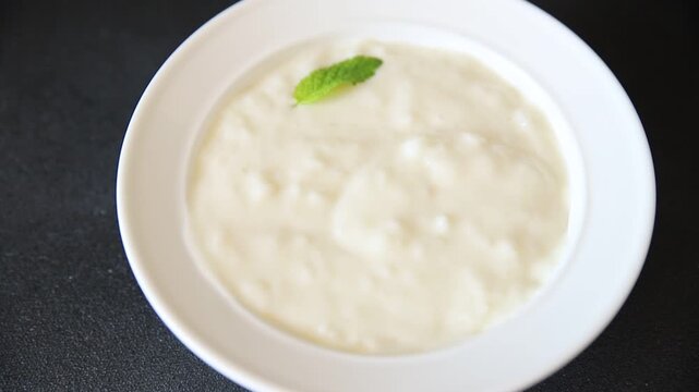 Sweet rice porridge healthy breakfast, vanilla dessert food preparation tasty snack fresh and delicious gourmet food background on the table rustic food top view copy space
