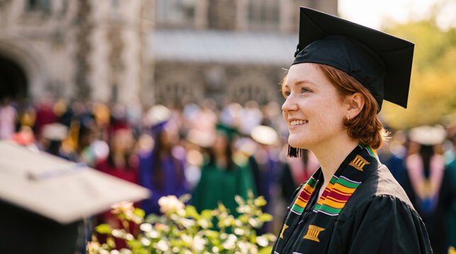 Smiling graduate in cap and gown at outdoor ceremony