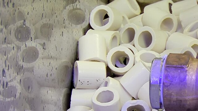 Detailed look at countless pristine white ceramic rings, core elements of a powerful hydro filter. Shimmering moisture coats the interior, revealing robust air cleansing in progress.