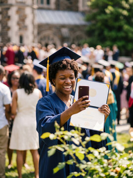 Happy graduate taking smartphone selfie with diploma outdoors