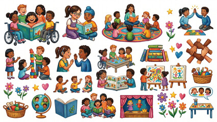 Naklejka premium Inclusive Classroom Storytelling Vector Toolkit with Diverse Students, Friendship, Collaboration, Empathy, Teamwork and Supportive Peer Relationships Illustration Set