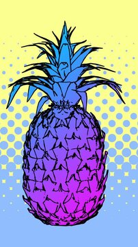 Seamless young vertical video of cartoon style pineapples with strong colors isolated with copyspace. Stop motion minimal fluor duotone comic style background pink and blue.