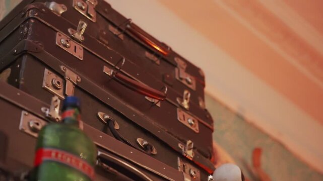 Stack of vintage suitcases and luggage