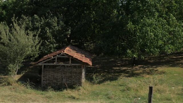 Handheld camera view of an old, lopsided wattle shed standing on a grassy hill among lush green trees in Georgia. The rustic, leaning structure rests peacefully in a sunlit rural clearing.