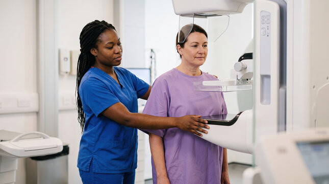 Radiographer Assisting Patient at Mammography