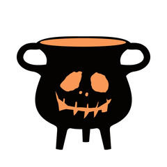 cast iron cauldron with scary face witchcraft halloween silhouette vector 