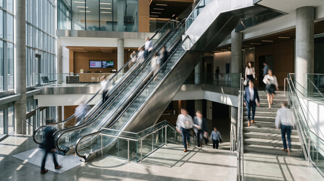 Blurred Commuters on Office Escalator