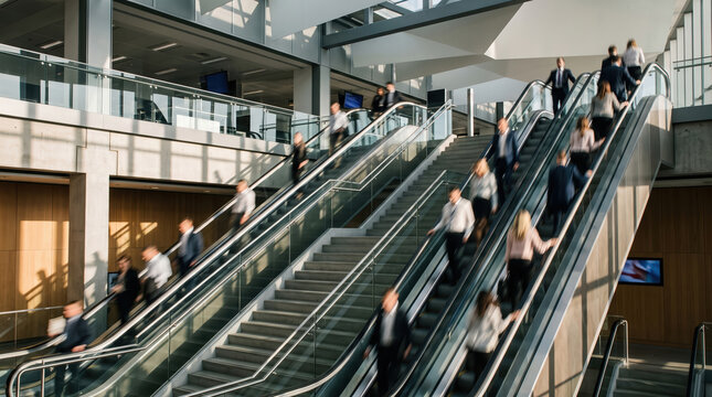 Blurred Commuters on Office Escalator