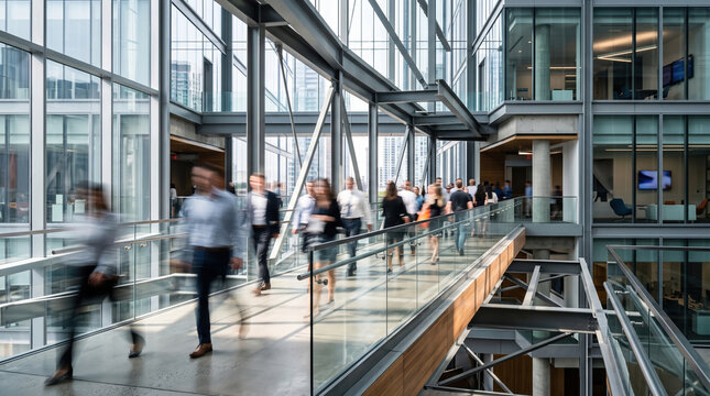 Blurred Employees on Office Sky Bridge