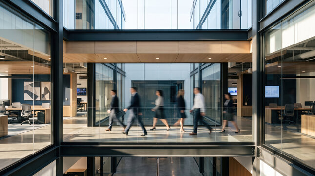 Blurred Employees on Office Sky Bridge