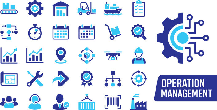 Operations management and supply chain logistics vector icon set featuring warehouse manufacturing shipping and quality control