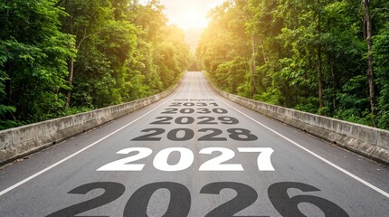 Obraz premium Road to the future with year numbers written on asphalt street leading to bright sunset light