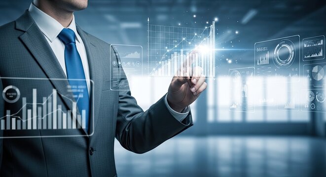 A business professional interacting with a futuristic digital interface showing financial data and stock market analytics