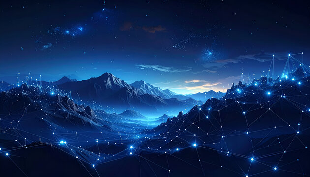 Enchanting Digital Landscape with Glowing Networks and Majestic Mountains.