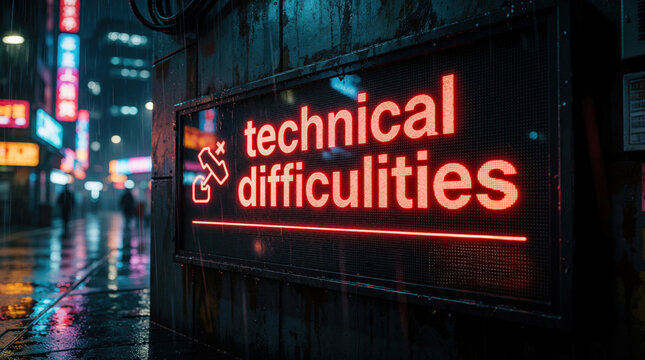 Digital sign glows red with technical difficulties message amidst rainy neon city street. Computer error alert shows in futuristic urban environment, symbolizing system failure or downtime.