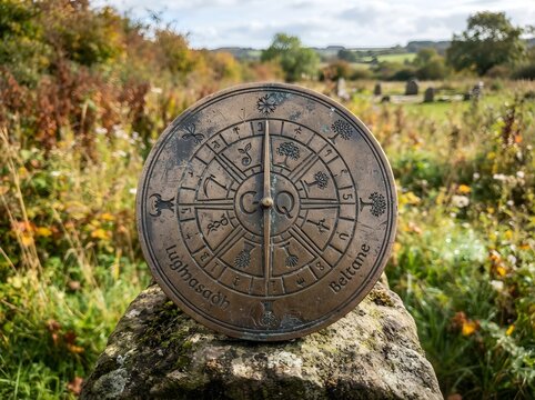 Bronze Wheel of the Year Sundial with Celtic Sabbat Symbols on Standing Stone
