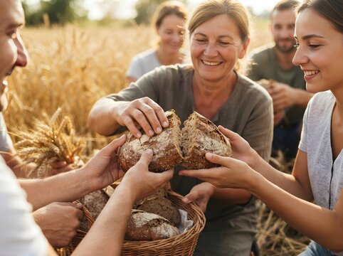 Community Breaking Fresh Bread Together in Golden Wheat Field at Harvest Time