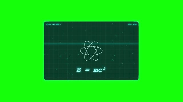 Digital animation of an atom symbol and physics formula on grid screen