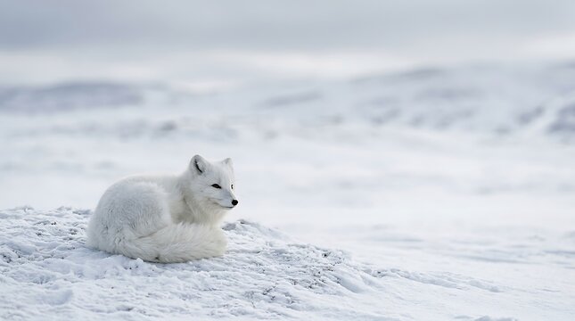 Arctic fox curled up in a snowy winter landscape