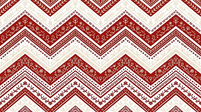 Red and cream folk art chevron seamless pattern with floral details