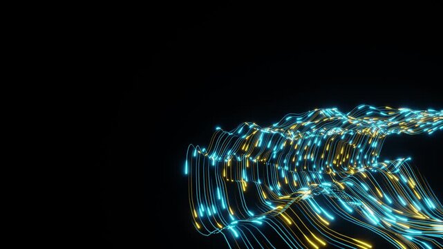 Animated 3D digital looping wave with bright blue and gold neon light trails on a black background, side angle shot, copy space, Ideal for tech motion graphics and futuristic visuals. 