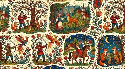 Fototapeta premium Slavic folk art pattern featuring forest animals and fairy tale scenes
