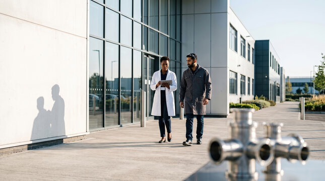 Robotics and AI professionals collaborate outside modern building