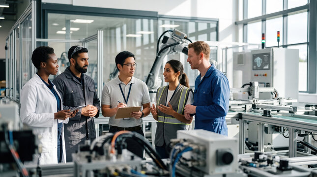 Group of Diverse Engineers Discussing Robotics and AI Projects in a Modern Laboratory in the Afternoon