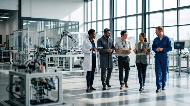 Diverse professional discuss robotics and AI in facility