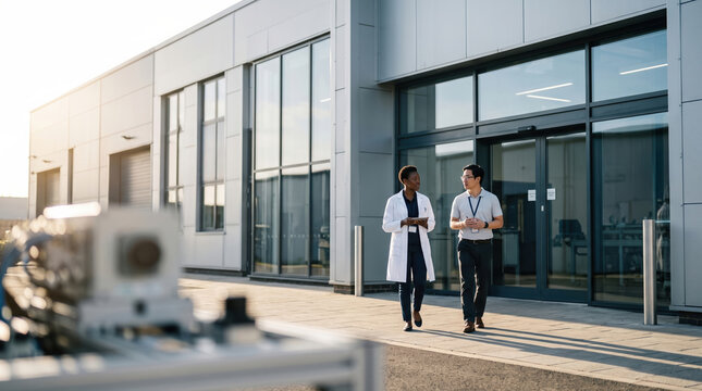 Robotics and AI discussion outside a research facility