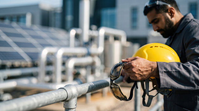 Engineer inspect renewable energy facility with solar panel