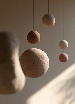 Group of five spheres hanging from strings in a room. the spheres are of different sizes and shapes, with the largest one in the center and three smaller ones on either side.