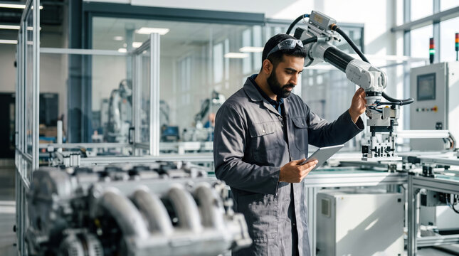 Worker check tablet while monitor robotic arm in factory