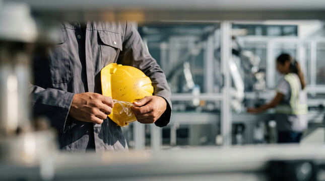 Workers in a Robotics and AI Facility Prepare for Tasks While Ensuring Safety in a Modern Environment
