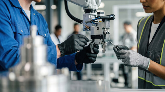 Robotics and AI engineers collaborate in a modern factory