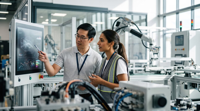 Engineering team test robotic system in modern automation lab