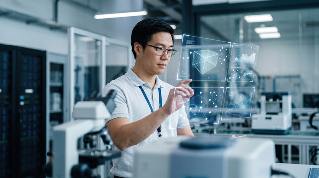 Expert Working With Virtual Models in Robotics Lab