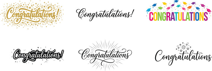 A collection of various congratulations typography designs featuring different artistic styles and decorative elements for celebration cards © Lipi