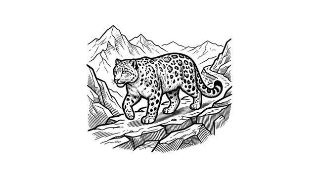 Snow leopard walking on rocky mountain terrain illustration.
