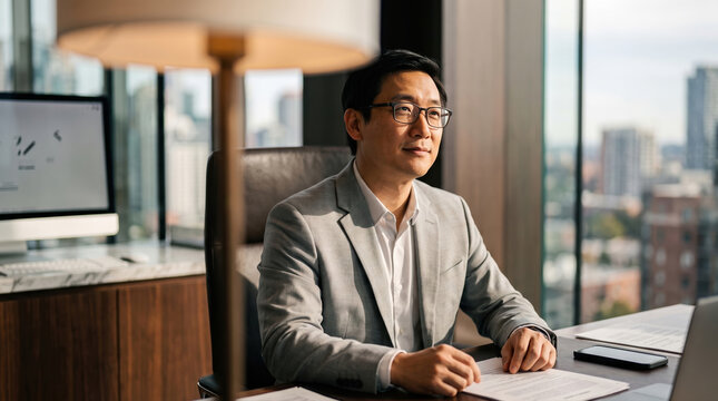 Business Meeting in a Modern Office With a Seated Asian Man in Glasses